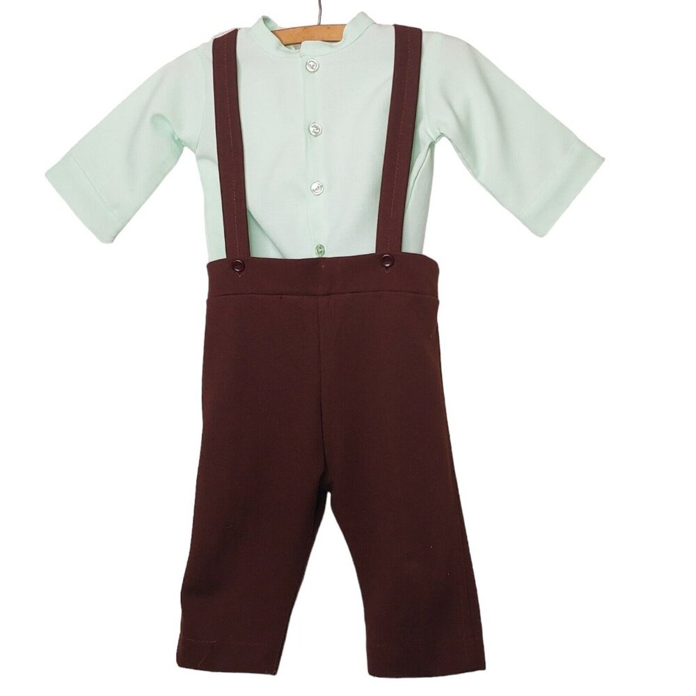 Vintage Homemade Dutch Baby Boy Outfit Set Green Shirt Brown Suspender Pant READ